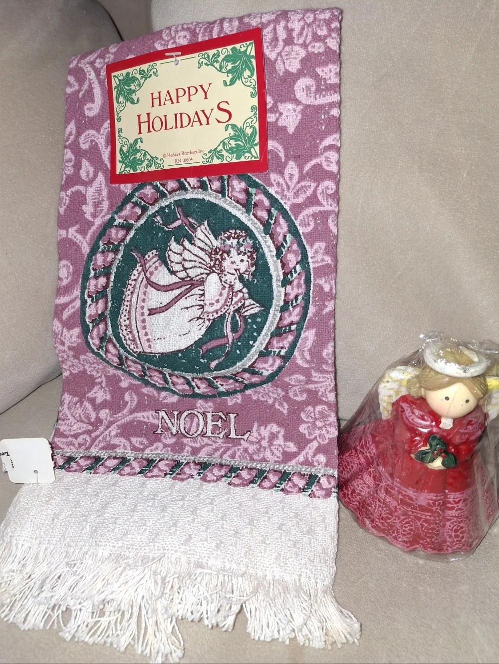 Happy Holidays Noel Pink Angel Holiday Towel - And Angel Candle